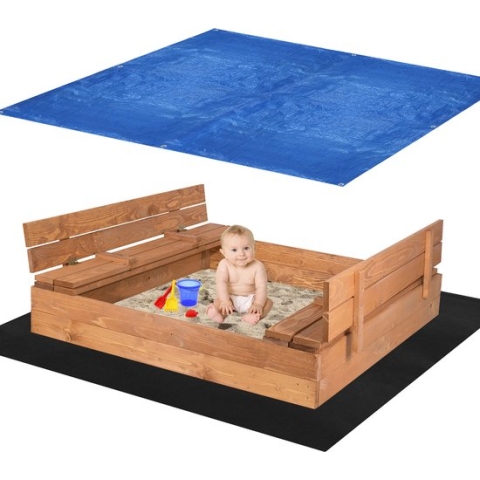 Springos Zandbak | Zandbak Met Deksel | Zandbak Met Bank | Inclusief Gronddoek En Afdekzijl | 120 x 120 x 20 cm