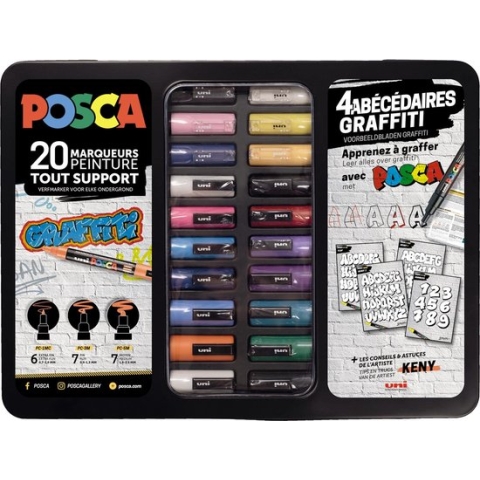 Uni Posca stiften PC-1MC, PC-3M en PC-5m in metalen koffer "GRAFFITI" assorti 20 stuks