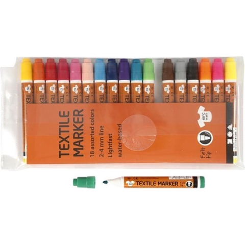 Textielstiften, lijndikte 2-4 mm, diverse kleuren, 18 stuk/ 1 doos
