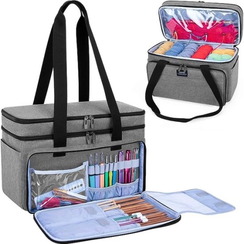 Dubbellaags Breitasje, Garenopbergtasje met vakjes voor haaknaalden, breinaalden (tot 14 inch), breiprojecten en accessoires, alleen tas, grijs