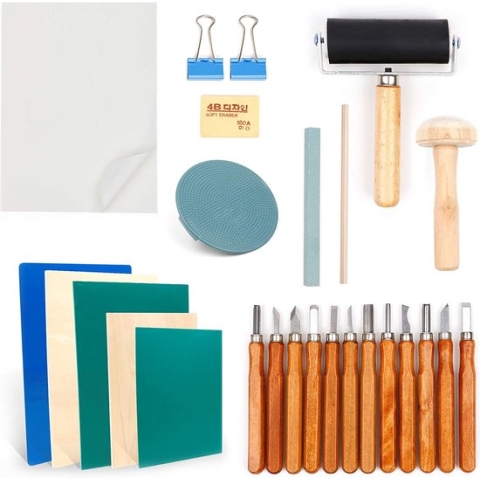 7 stks Blok Printing Starter Kit, Lino Printing Rubber Stempel Maken Kit met Stempel Blok, Inkt Roller, Sculpting Tools, Tracing Papers en Inkt Mixing Pad voor Stempel Carving en Printmaking