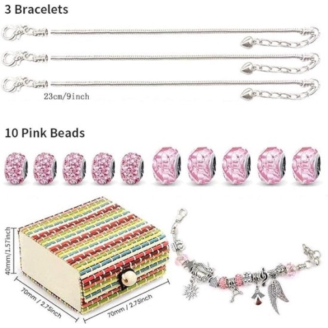 Set om zelf armbanden te maken, cadeau voor meisjes van 6-13 jaar, sieraden-knutselset voor kinderen, met 50 verschillende elementen, hangers, kralen in 3 maten, verzilverde ketting, 3 halskettingen en geschenkdoos (set 1)