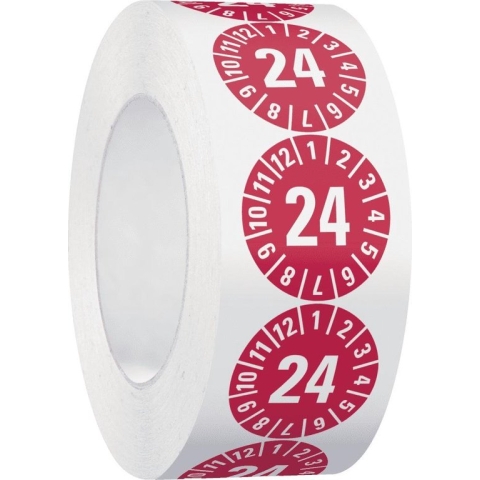 Keuringssticker met jaartal 24 op rol, rood 25 mm - 500 per rol