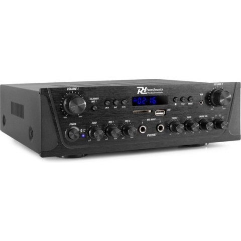 Versterker met Bluetooth - Power Dynamics PV220BT - 2-zone versterker met radio & mp3 speler - 2x 100W - Zwart