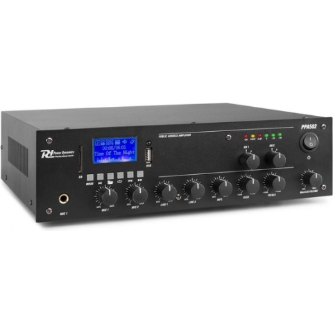 100V versterker - Power Dynamics PPA502 - 100V versterker met 2 zones - 50W met Bluetooth en mp3 speler - Ideaal voor kleine geluids- en omroepinstallaties