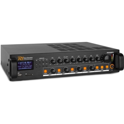 100V versterker - Power Dynamics PDV360MP3 4-zone versterker voor 100V (omroep) systemen met o.a Bluetooth, radio en mp3 speler - 360W