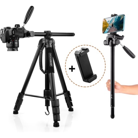 MOJOGEAR 179cm 3-in-1 Statief: Driepoot, Monopod & Horizontale Arm voor topshots - met Premium Telefoonhouder - Groot statief voor smartphone telefoon en camera