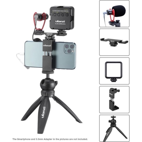 Ulanzi Smartphone vlog KIT EXTRA: mini-statief, telefoonhouder, dual cold shoe-mount, microfoon & LED-lamp