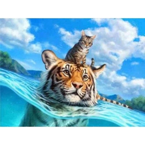 Diamond painting - Kat met tijger in het water - Geproduceerd in Nederland - 20 x 30 cm - dibond materiaal - vierkante steentjes - Binnen 2-3 werkdagen in huis