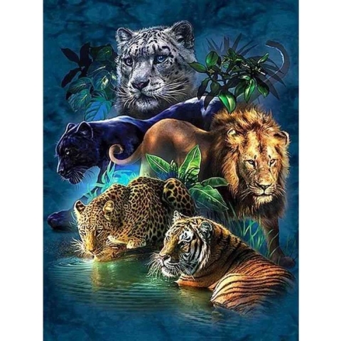 Diamond painting - Vijf wilde dieren - Geproduceerd in Nederland - 60 x 90 cm - dibond materiaal - vierkante steentjes - Binnen 2-3 werkdagen in huis