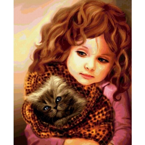 Diamond Painting Klein Meisje met kitten 40 x 50  ronde steentjes