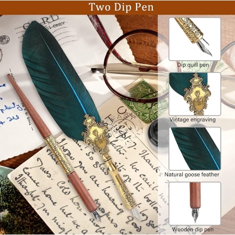 Feather Calligraphy Pen Ink Set, Retro Carving Quill Pen Set - with 17 Replacement Nibs, Seal Stamp, Ink, Wax Seal Sticks, Seal Stamp, Envelope, Letter Opener (Lake Blue)