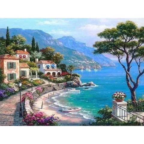 Diamond painting - Idyllisch kustplaatsje - Geproduceerd in Nederland - 40 x 60 cm - canvas materiaal - vierkante steentjes - Binnen 2-3 werkdagen in huis