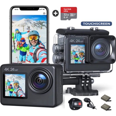 JC's - Action Camera 4K - Vlog camera- Touchscreen - Dual screen - 32GB SD kaart - Afstandbediening - Externe microfoon - EIS Stabilisatie - Dual batterijlader - Action Camera's