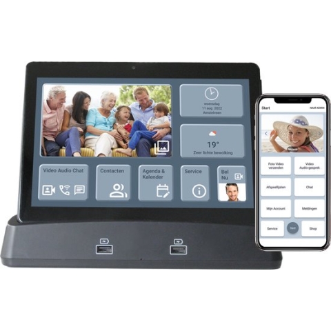 PRIFORA Digitale Fotolijst met WiFi, oplaadbaar, gratis Prifora App. Veel extra's: Videobellen, Audiobellen en Chat, Agenda, Kalender, Klok en Weerstation. Met 10.1 inch beeldscherm en Basis Station. Diashows afspelen met video's en foto's tegelijk.