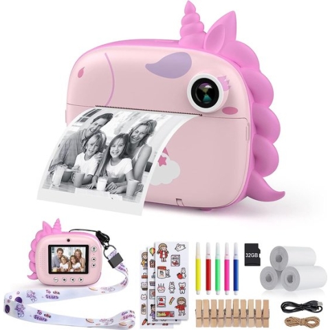 HiMont Onmiddellijke kindercamera, digitale camera voor kinderen met printpapier en 32G TF-kaart, videocamera met gekleurde pennen en fotoklemmen om te knutselen, cadeau voor kinderen van 3 tot 14 jaar (roze)