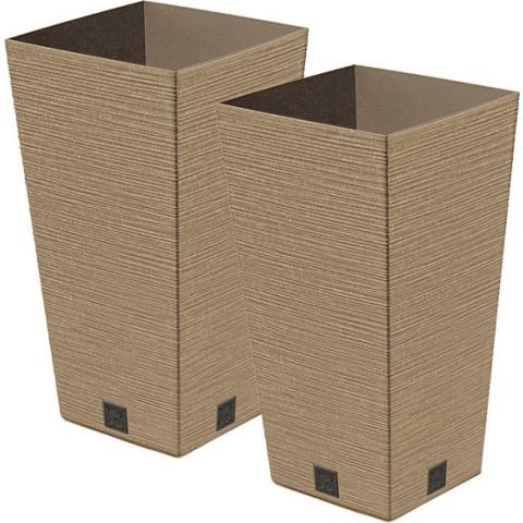 Prosperplast Plantenpot/bloempot - 2x - buiten - kunststof - lichtbruin - Eco wood look - D26 x H50 cm