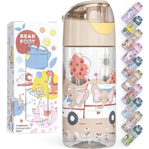 Drinkfles voor kinderen, 450 ml, lichte Tritan waterfles, BPA-vrij, lekvrij, geschikt voor koolzuur, vaatwasmachinebestendig voor jongens, meisjes en peuters, beige