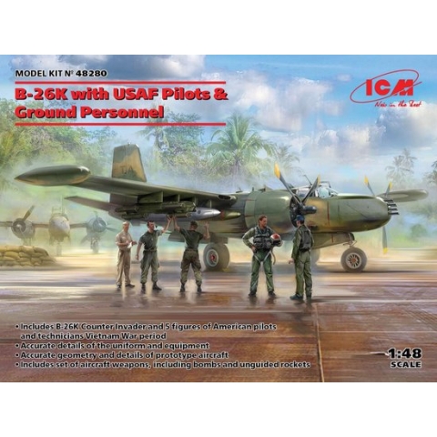 1:48 ICM 48280 B-26K Plane with USAF Pilots & Ground Personnel Plastic Modelbouwpakket