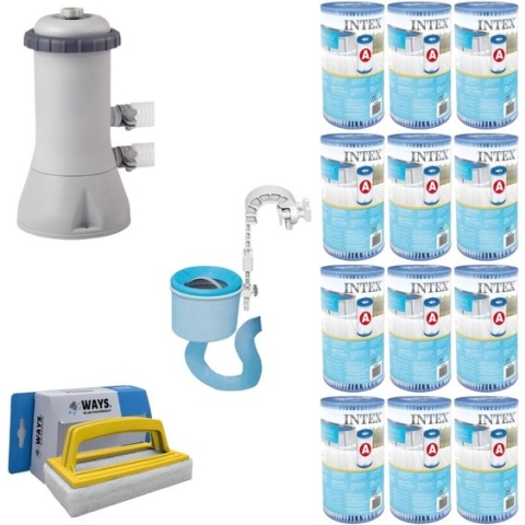 Intex Skimmer & Filterpomp 3407 L/u & 12 Filters Type A & WAYS Scrubborstel