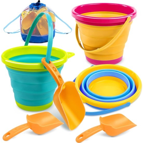 JOYIN 3 verpakkingen opvouwbare emmers met scheppen (bonus netzak), opvouwbare emmer multifunctioneel voor strand, campinguitrusting, strandfeest