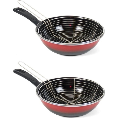 Set van 2x stuks rvs/emaille frituurpan/friteuse voor alle hittebronnen - rood 26 cm -  Frituren op gasstel of kookplaat