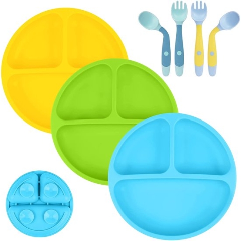 Put plates with compartments - Silicone Baby Board / Non-Slip Kids Placemat with Suction Cups - Self-Feeding Training