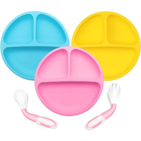 Put plates with compartments - Silicone Baby Board / Non-Slip Kids Placemat with Suction Cups - Self-Feeding Training