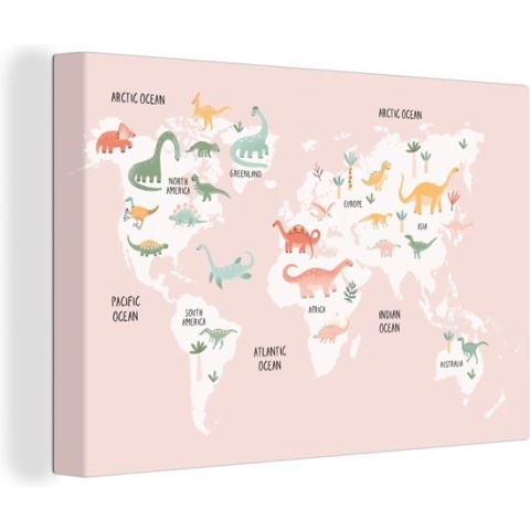 Wanddecoratie Wereldkaart - Kinderen - Dinosaurus - Canvas - 150x100 cm