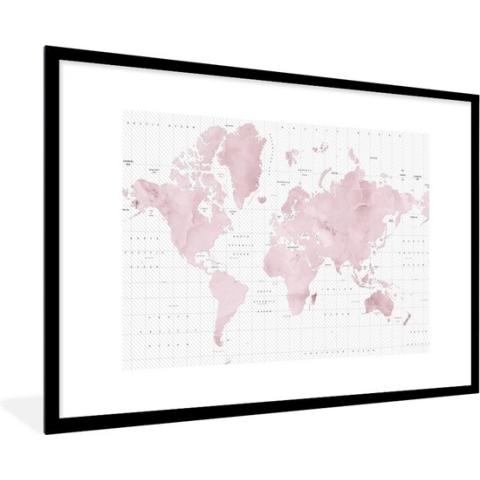 Fotolijst incl. Poster - Wereldkaart - Roze - Marmer - 120x80 cm - Posterlijst