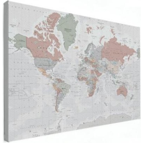 Wereldkaart Aardrijkskundig Lichte Tinten - Canvas 100x50