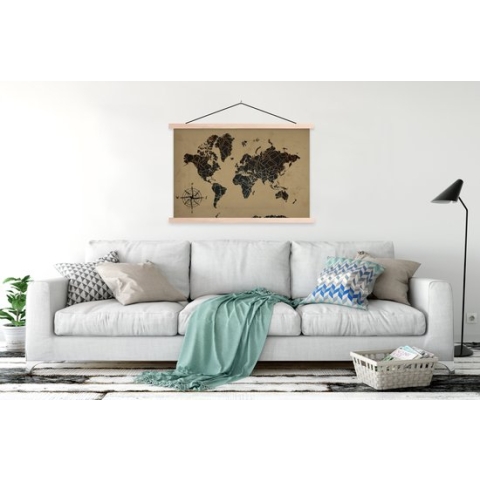 Posterhanger incl. Poster - Schoolplaat - Wereldkaart - Vintage - Kompasroos - 150x100 cm - Blanke latten