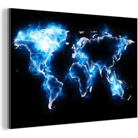 Wanddecoratie Metaal - Aluminium Schilderij Industrieel - Wereldkaart - Blauw - Zwart - 90x60 cm - Dibond - Foto op aluminium - Industriële muurdecoratie - Voor de woonkamer/slaapkamer