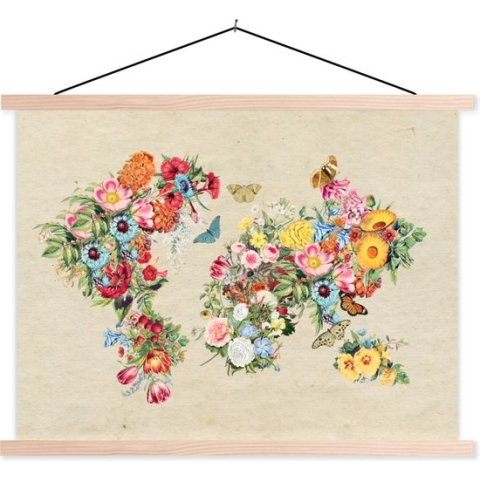 Wanddecoratie - Wereldkaart - Vintage - Bloemen - Schoolplaat - 150x113 cm - Textielposter - Textiel poster
