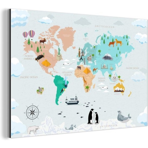 Wanddecoratie Metaal - Aluminium Schilderij Industrieel - Wereldkaart Kinderen - Symbolen - Kompas - 150x100 cm - Dibond - Foto op aluminium - Industriële muurdecoratie - Voor de woonkamer/slaapkamer