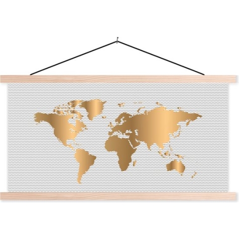 Posterhanger incl. Poster - Schoolplaat - Wereldkaart - Goud - Golf - 150x75 cm - Blanke latten