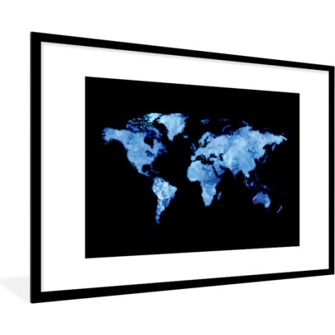 Fotolijst incl. Poster - Wereldkaart - Waterverf - Lichtblauw - 120x80 cm - Posterlijst