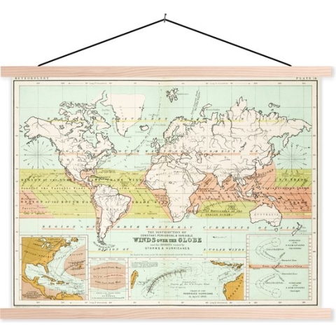 Posterhanger incl. Poster - Schoolplaat - Oude meteorologische wereldkaart - 150x113 cm - Zwarte latten