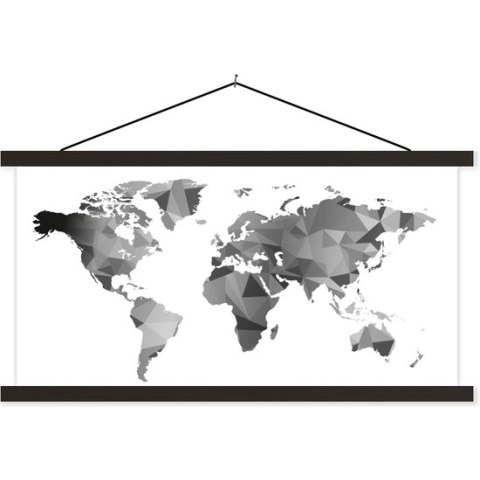 Posterhanger incl. Poster - Schoolplaat - Wereldkaart - Vormen - Grijstinten - 150x75 cm - Zwarte latten