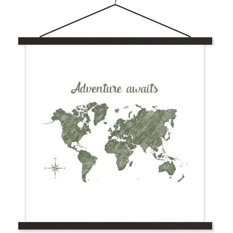 Posterhanger incl. Poster - Schoolplaat - Wereldkaart - Quote - Groen - 120x120 cm - Zwarte latten