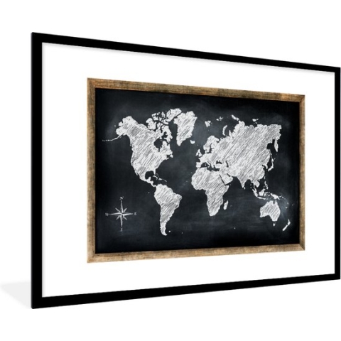 Fotolijst incl. Poster - Wereldkaart - Schoolbord - Krijt - 120x80 cm - Posterlijst