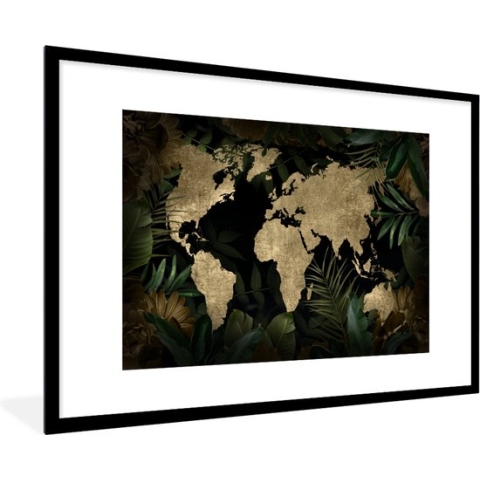 Fotolijst incl. Poster - Wereldkaart - Vintage - Tropische Planten - 120x80 cm - Posterlijst