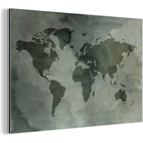 Wanddecoratie Metaal - Aluminium Schilderij Industrieel - Wereldkaart - Waterverf - Grijs - 150x100 cm - Dibond - Foto op aluminium - Industriële muurdecoratie - Voor de woonkamer/slaapkamer