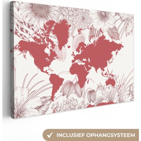 Canvas Wereldkaart - 180x120 - Wanddecoratie Wereldkaart - Roze - Wit