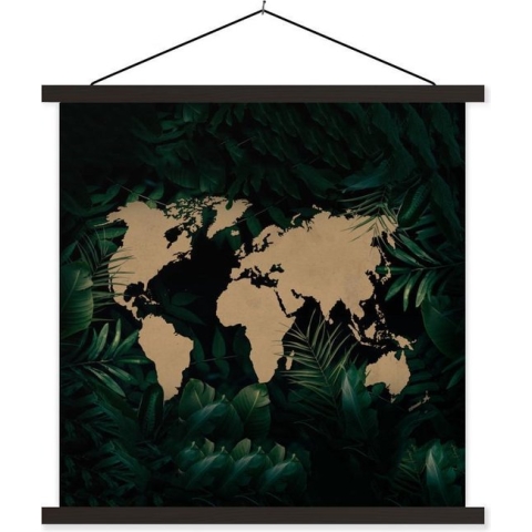 Posterhanger incl. Poster - Schoolplaat - Wereldkaart - Bloemen - Planten - 120x120 cm - Zwarte latten