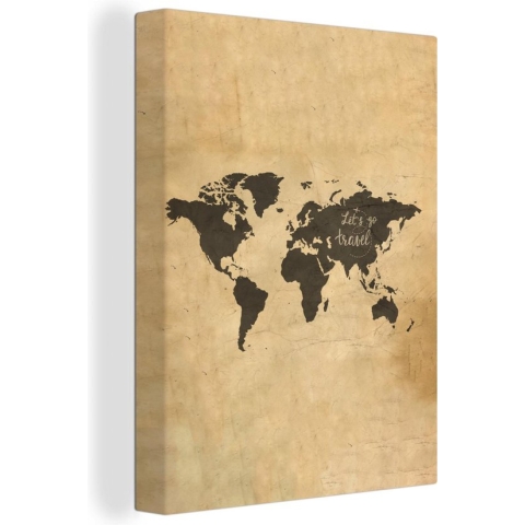 Wanddecoratie Wereldkaart - Vintage - Quote - Canvas - 120x160 cm