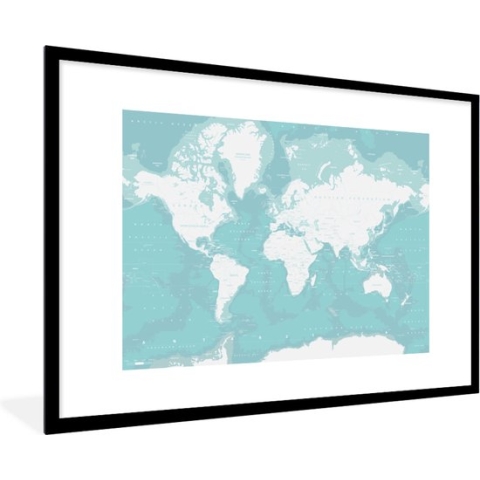 Fotolijst incl. Poster - Wereldkaart - Blauw - Topografie - Kids - Jongens - Meisjes - 120x80 cm - Posterlijst