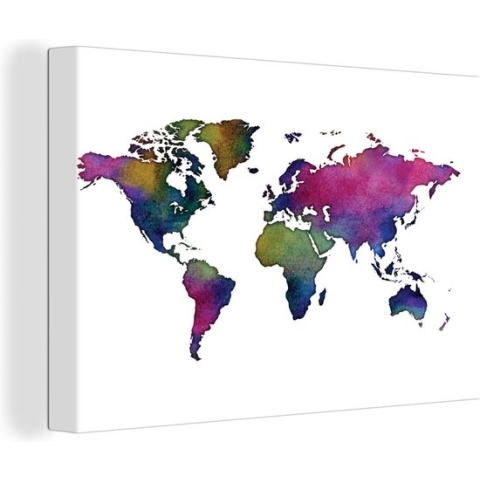 Canvas Wereldkaart - 120x80 - Wanddecoratie Wereldkaart - Waterverf - Kleur