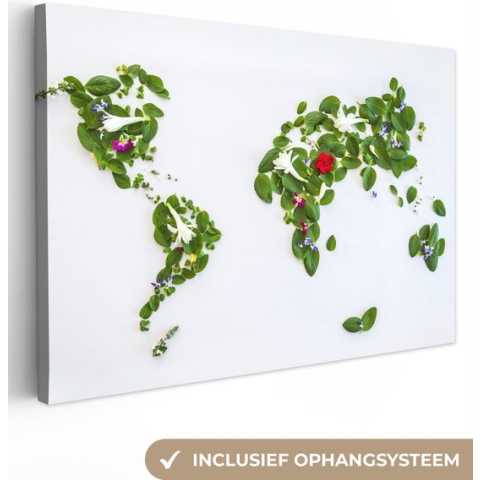 Canvas Wereldkaart - 150x100 - Wanddecoratie Wereldkaart - Bloemen - Kleuren