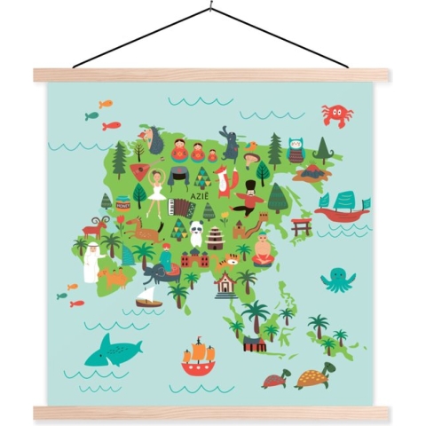 Textielposter - Wereldkaart Kinderen - Azië - Dieren - 120x120 cm - Schoolplaat - Textiel poster